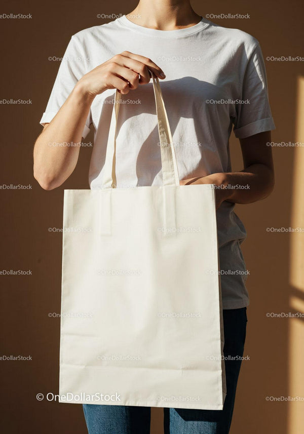 Person holding blank white canvas tote bag in sunlight JPG Mockup Image