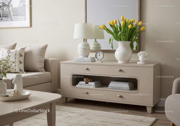 Stylish Living Room with Beige Furniture and Bright Yellow Tulips