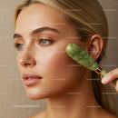 Close-up of a Woman Using Jade Roller for Facial Massage and Skin Rejuvenation