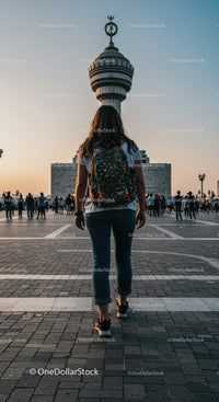Young traveler walking toward iconic city tower at sunset