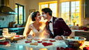 Bride and groom playfully baking heart cookies together