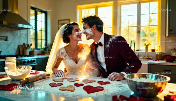 Bride and groom playfully baking heart cookies together