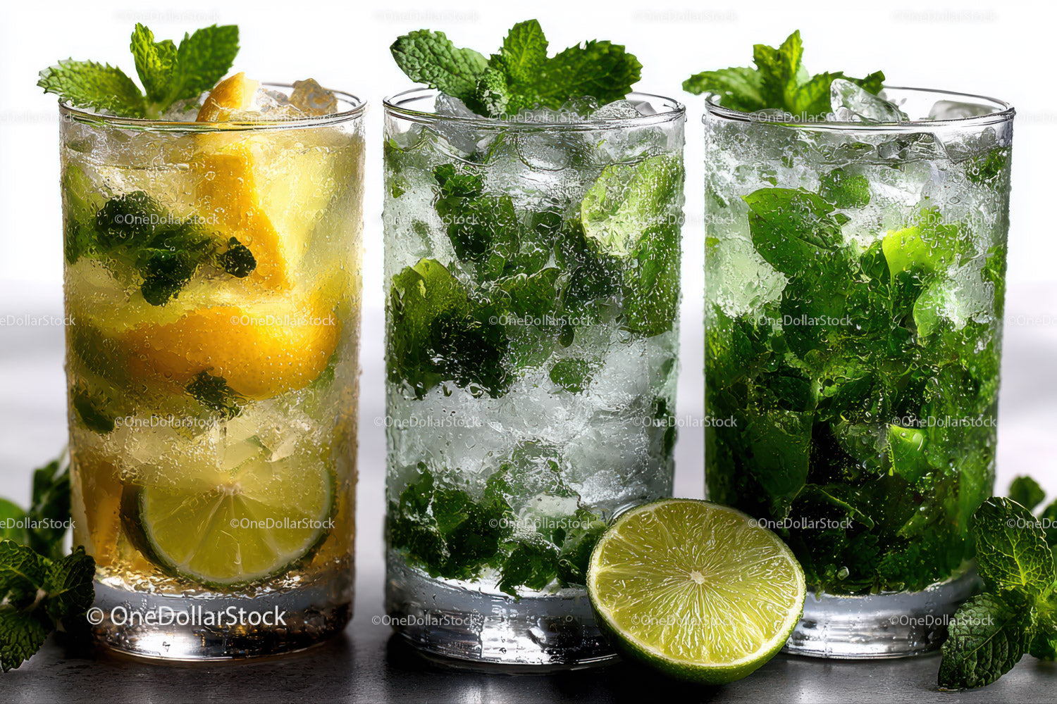 Orzeźwiające mojito cytrynowe z miętą i lodem w wysokich szklankach