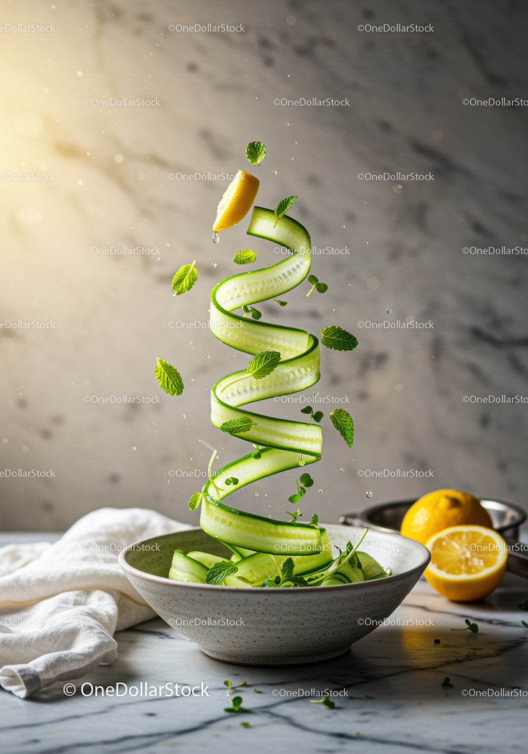 Fresh Cucumber Ribbon with Lemon and Mint in Bowl