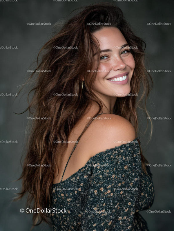 Portrait of a Smiling Woman with Wavy Hair Wearing a Floral Top