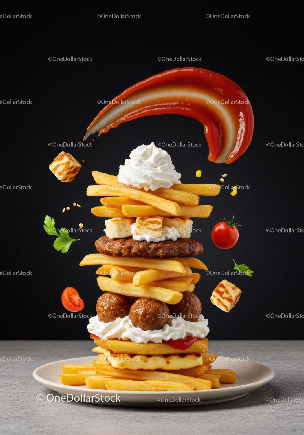 Creative tower of fries meatballs and grilled cheese with sauces