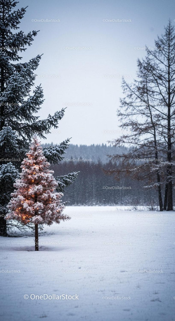 Snow-covered Christmas tree glowing softly in winter field