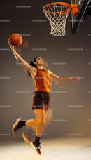Female basketball player executing a dynamic layup jump