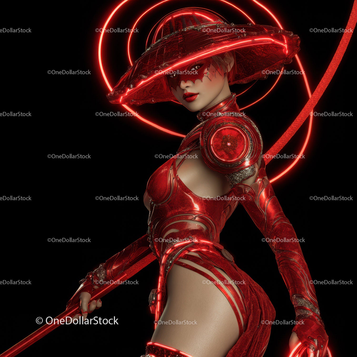 Futuristic Samurai in Neon Red Armor Holding Umbrella