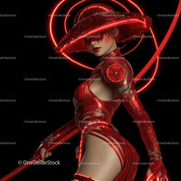 Futuristic Samurai in Neon Red Armor Holding Umbrella