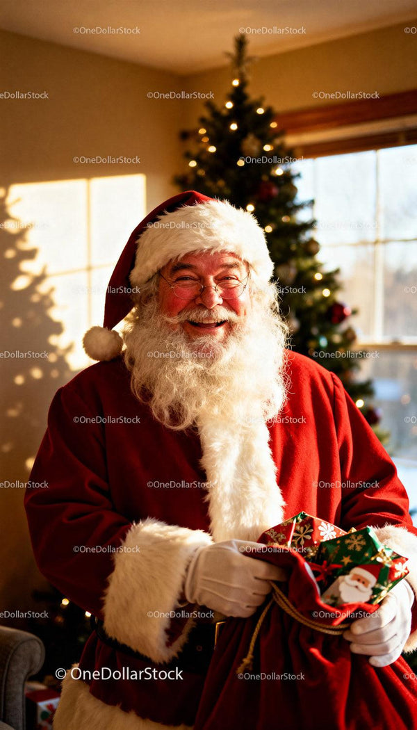 Joyful Santa Claus holding festive gift sack indoors