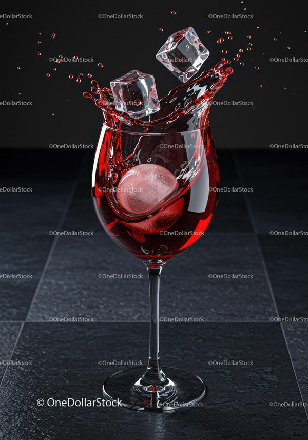Red cocktail splashing with ice cubes in wine glass