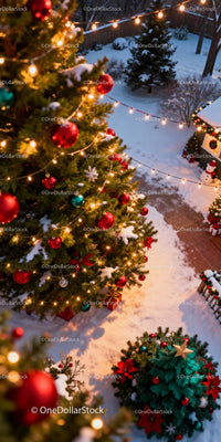 Festive Christmas Trees Illuminated in Snowy Backyard