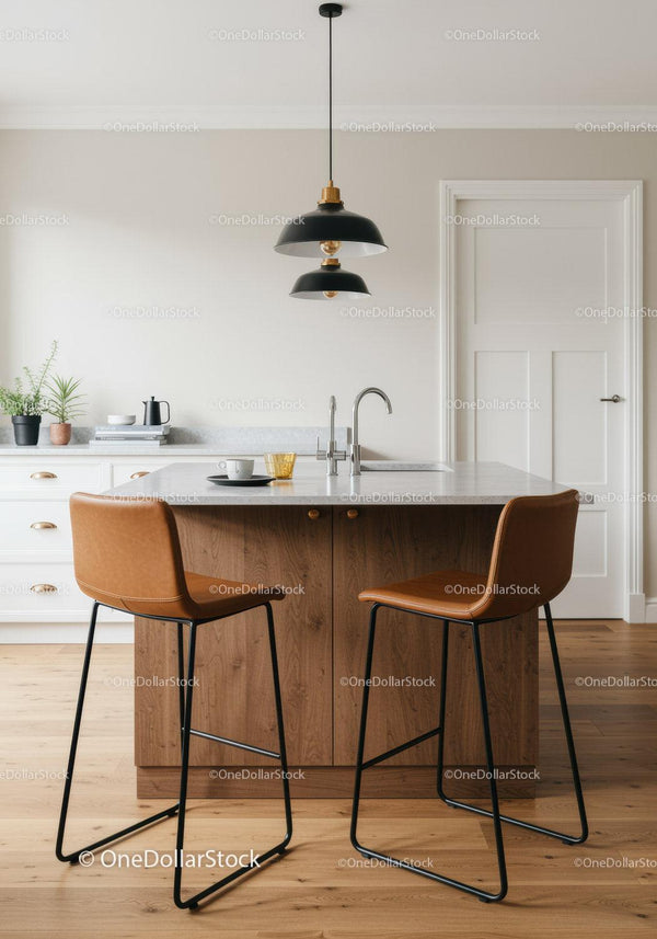 Contemporary Kitchen with Wooden Bar Stools and Pendant Lighting