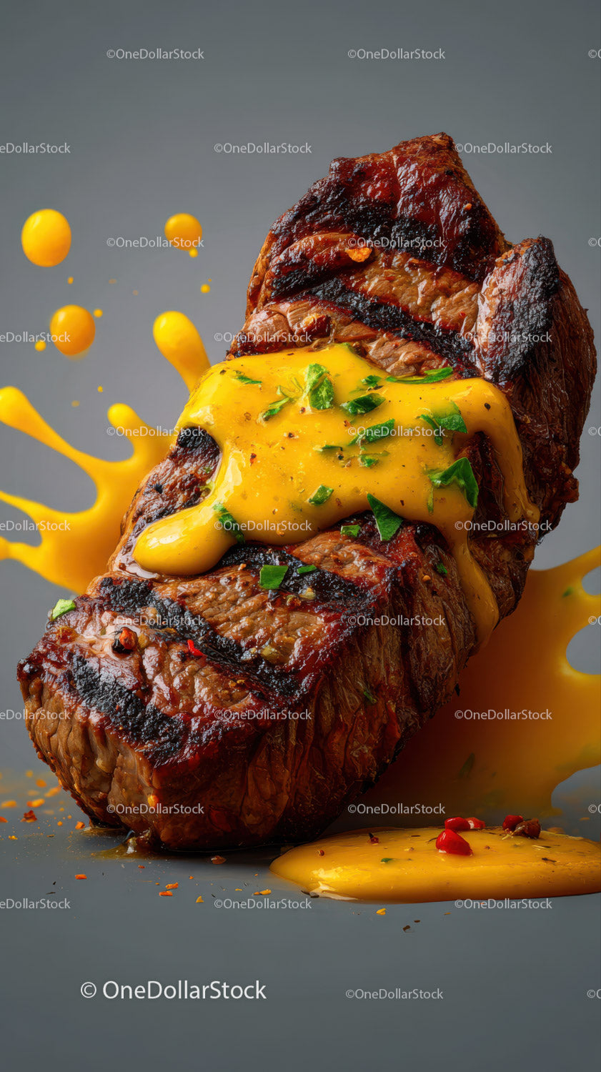 Juicy Grilled Steak with Mustard Sauce and Fresh Herbs