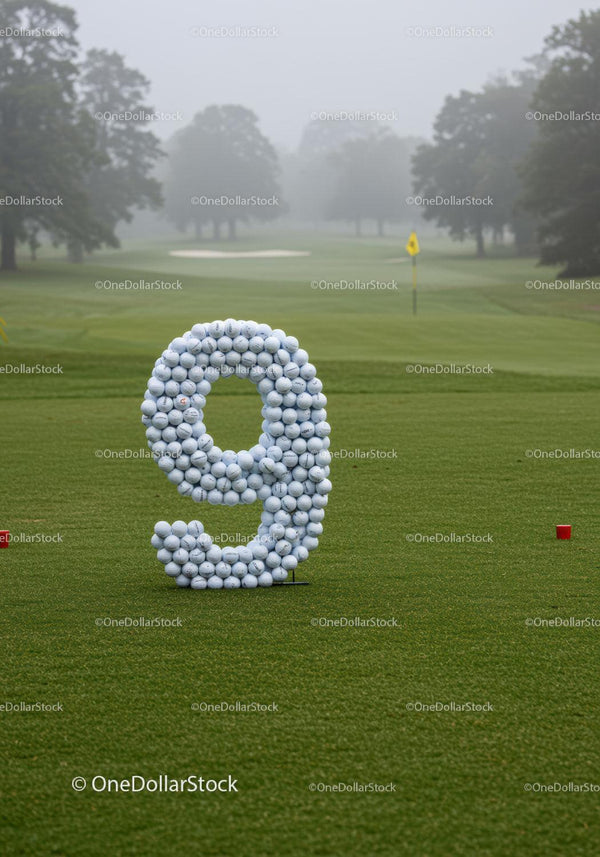 Number Nine Made of Golf Balls on Foggy Course