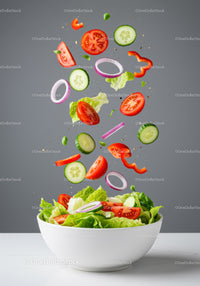 Fresh vibrant vegetable salad with flying ingredients