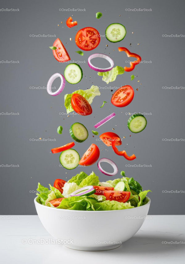 Fresh vibrant vegetable salad with flying ingredients