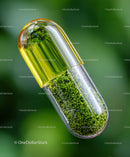 Close-up of Green Herbal Supplement Capsule with Fresh Herbs