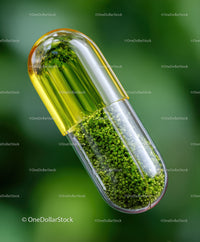 Close-up of Green Herbal Supplement Capsule with Fresh Herbs