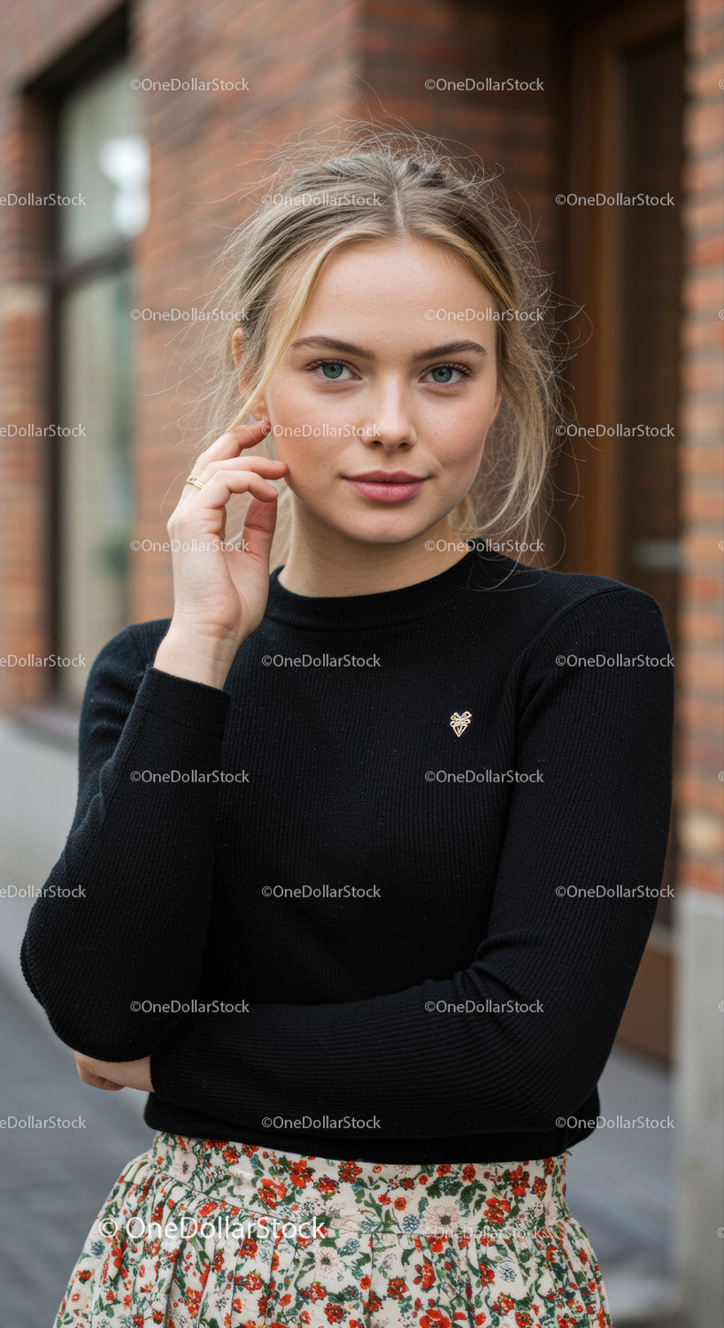 Young Woman with Blonde Hair and Blue Eyes in Casual Outdoor Outfit