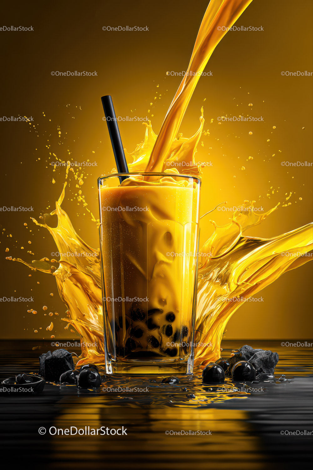 Vibrant Bubble Tea Splash with Black Tapioca Pearls and Yellow Drink