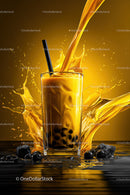 Vibrant Bubble Tea Splash with Black Tapioca Pearls and Yellow Drink