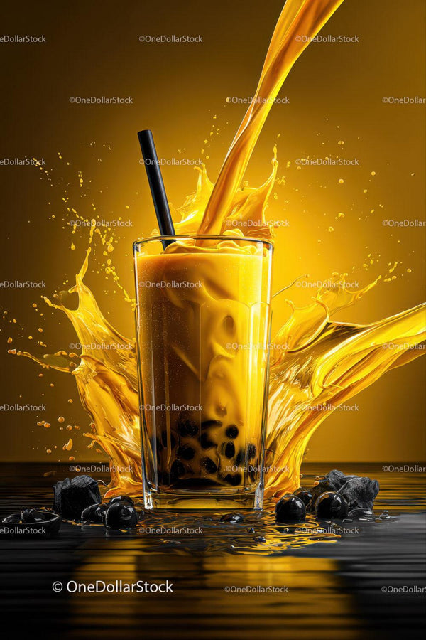 Vibrant Bubble Tea Splash with Black Tapioca Pearls and Yellow Drink