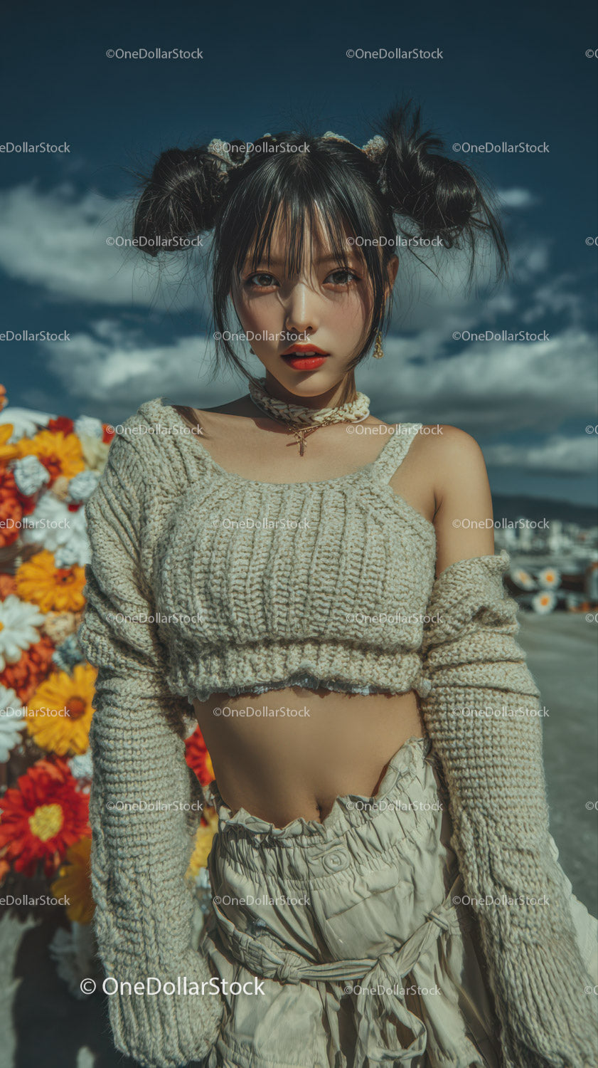 Stylish Young Woman in Crop Top and Shorts Outdoors Under Blue Sky
