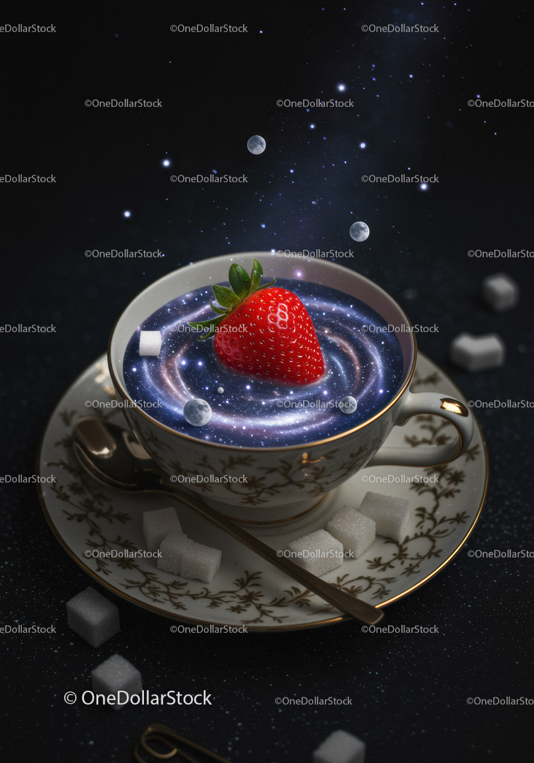 Strawberry Floating in Cosmic Coffee Cup with Sugar Cubes