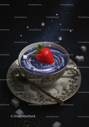 Strawberry Floating in Cosmic Coffee Cup with Sugar Cubes