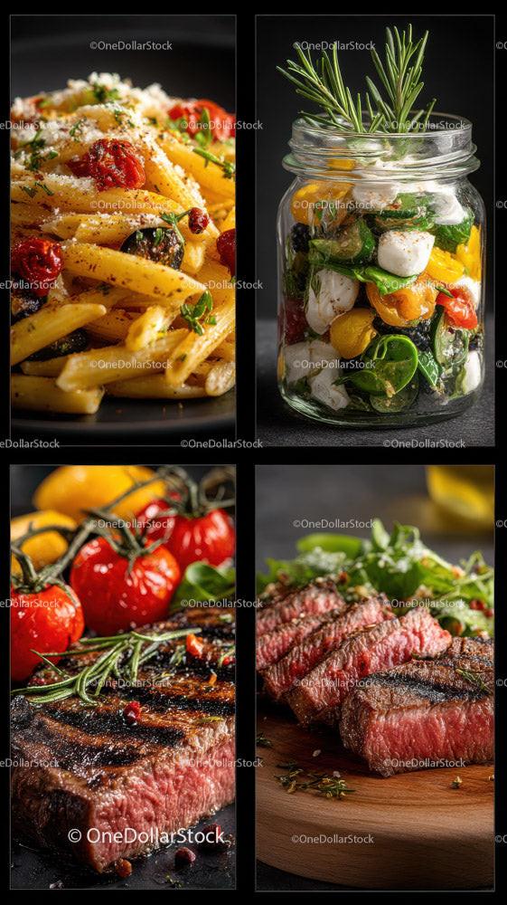 Gourmet stek i świeże makarony z sałatką warzywną