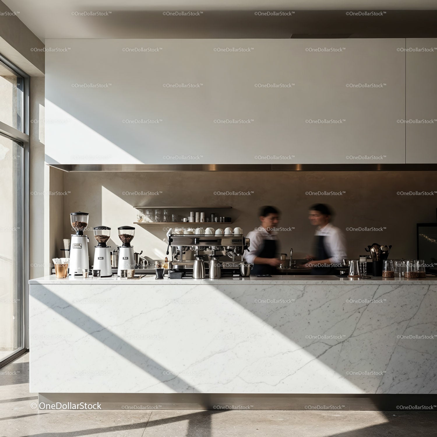 Minimalist cafe counter with modern baristas serving coffee