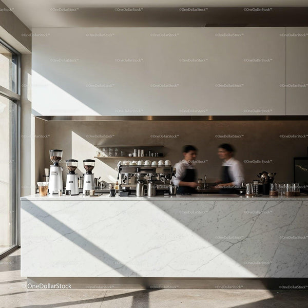 Minimalist cafe counter with modern baristas serving coffee JPG Mockup Image