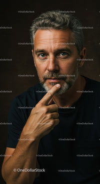 Thoughtful mature man with beard in dark shirt