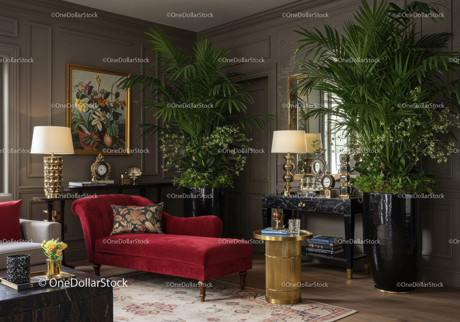 Elegancki salon z czerwoną leżanką i bujnymi roślinami