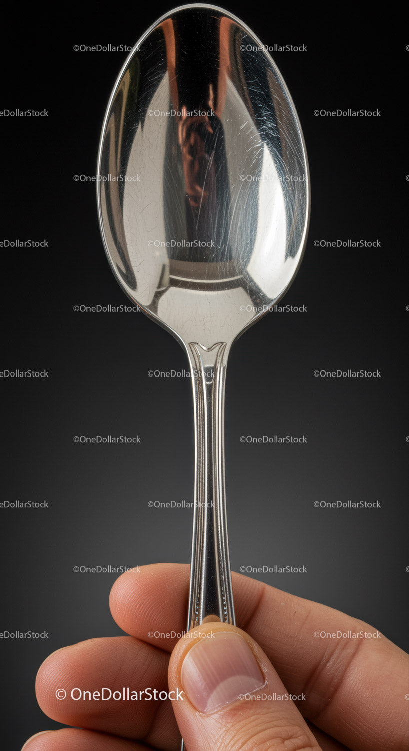 Hand Holding a Polished Stainless Steel Spoon