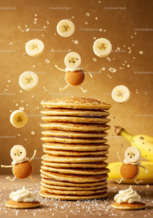 Stack of golden pancakes with playful banana characters