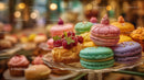 Colorful Assortment of Macarons and Raspberry Tart on Dessert Stand