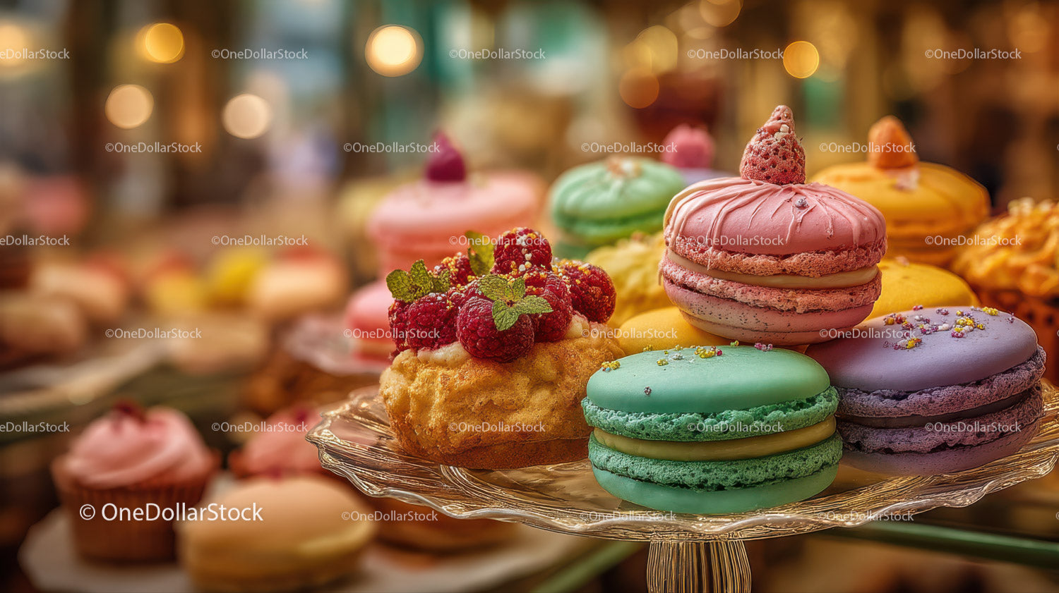 Colorful Assortment of Macarons and Raspberry Tart on Dessert Stand
