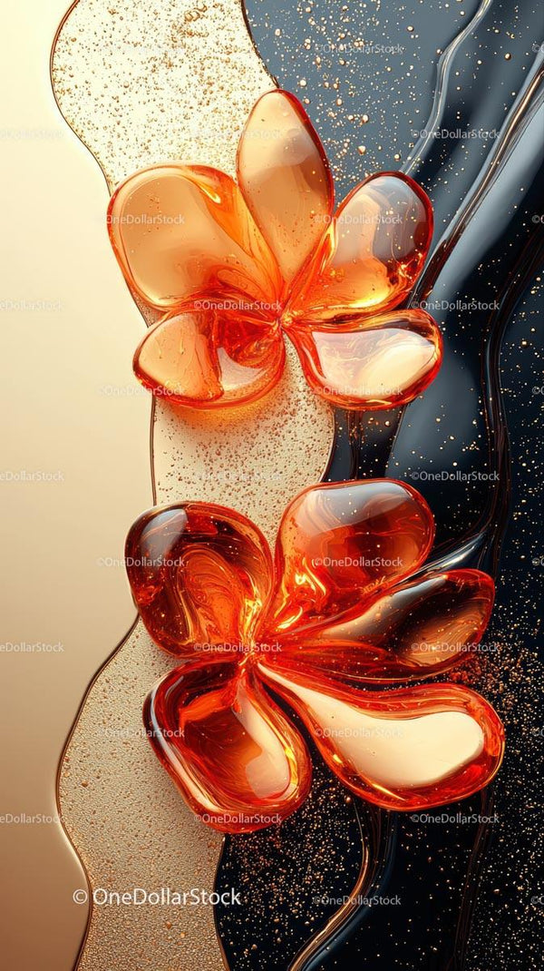 Abstract Glass Art with Vibrant Amber and Flowing Shapes