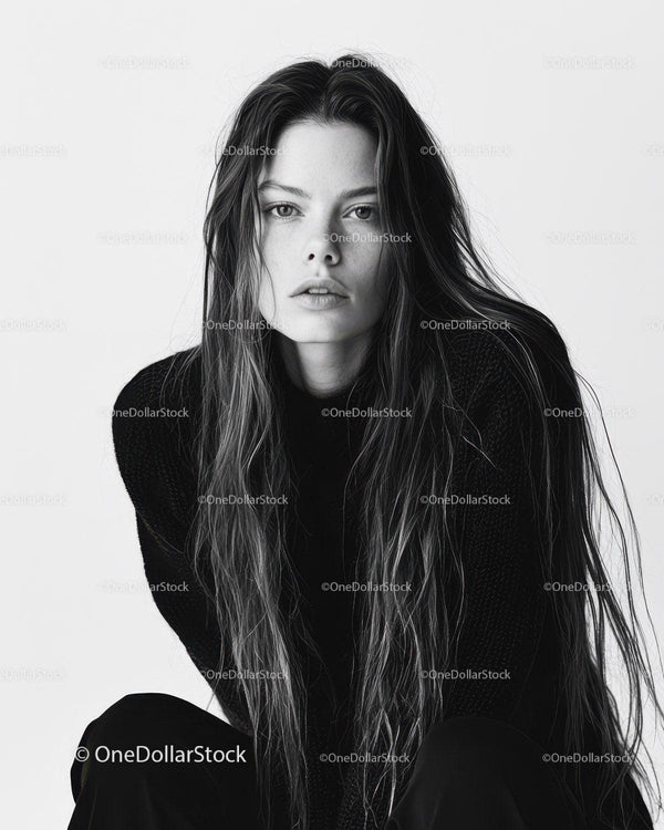 Elegant Black and White Portrait of a Woman with Long Hair