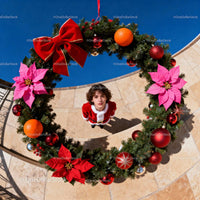 Young woman in Santa dress framed by large Christmas wreath