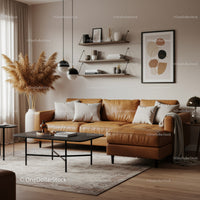 Cozy modern living room with tan leather sofa and decor