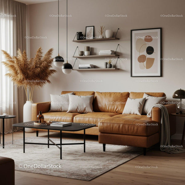 Cozy modern living room with tan leather sofa and decor