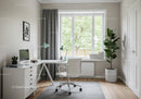 Bright Modern Home Office with White Desk and Green Plants