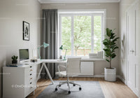 Bright Modern Home Office with White Desk and Green Plants