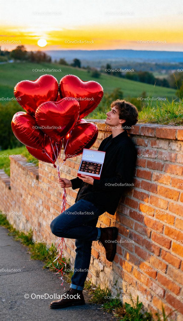 Man Holding Heart Balloons and Chocolates at Sunset