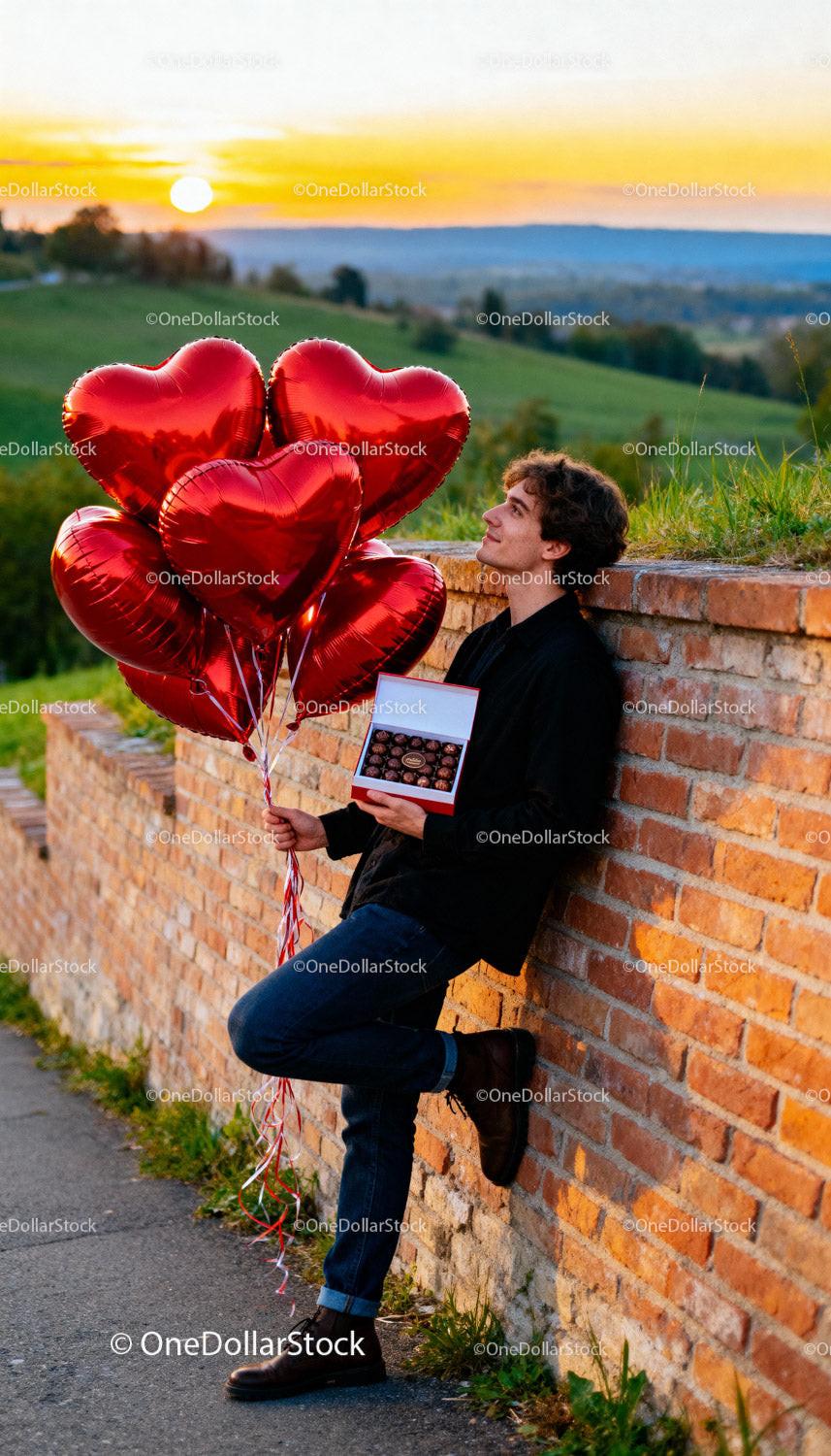Man Holding Heart Balloons and Chocolates at Sunset