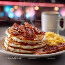 Stack of Fluffy Pancakes with Syrup Bacon and Coffee